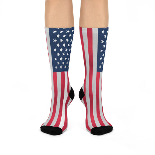 Patriotic Cushioned Crew Socks – USA Flag Design for Comfy Independence Day Wear