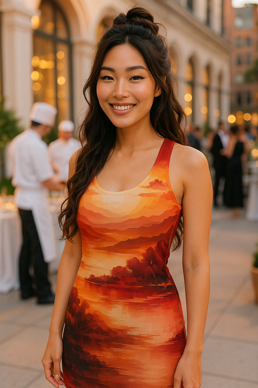 Sunset Landscape AOP Racerback Dress, Boho Summer Dress, Vacation Outfit, Festival Wear, Everyday Casual Dress